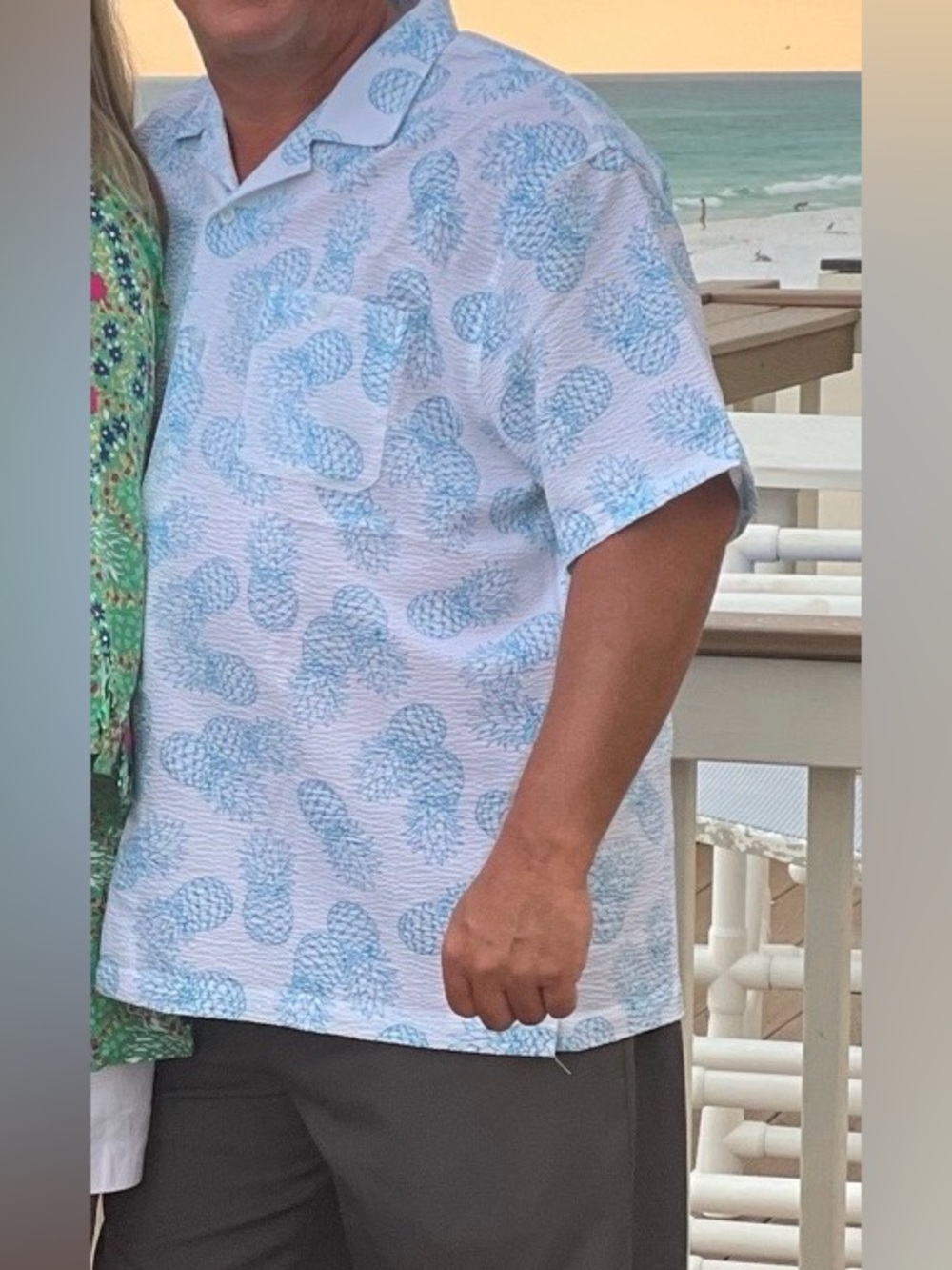 Men’s White Seersucker Shirt with Blue Pineapple Print